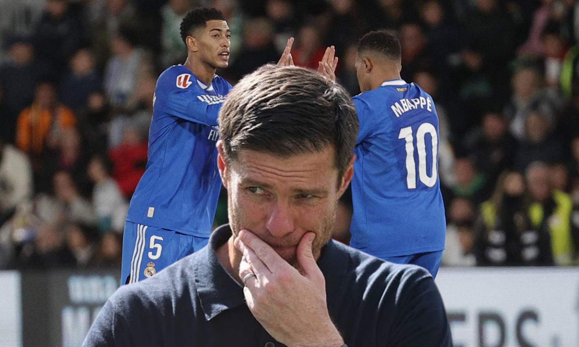 Xabi Alonso, Jude Bellingham y Kylian Mbappé celebrando un gol. 
