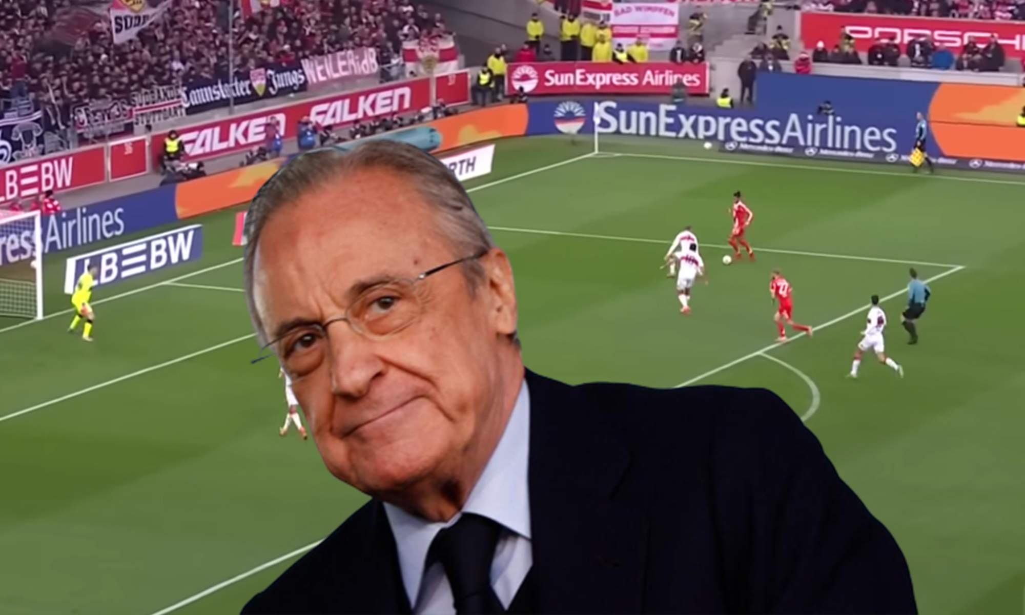 Florentino Pérez y una captura de un partido del Bayern Múnich.