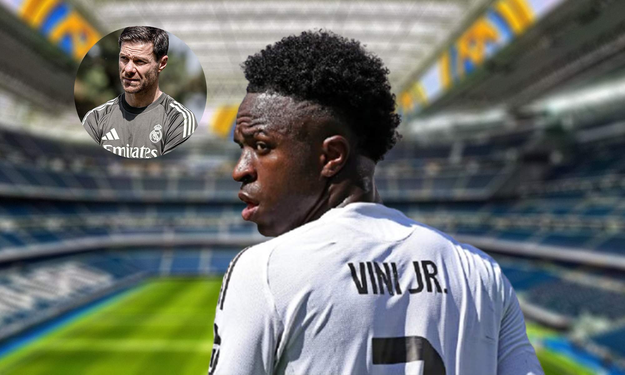Vinícius Júnior jugando con el Real Madrid y una foto de Xabi Alonso.