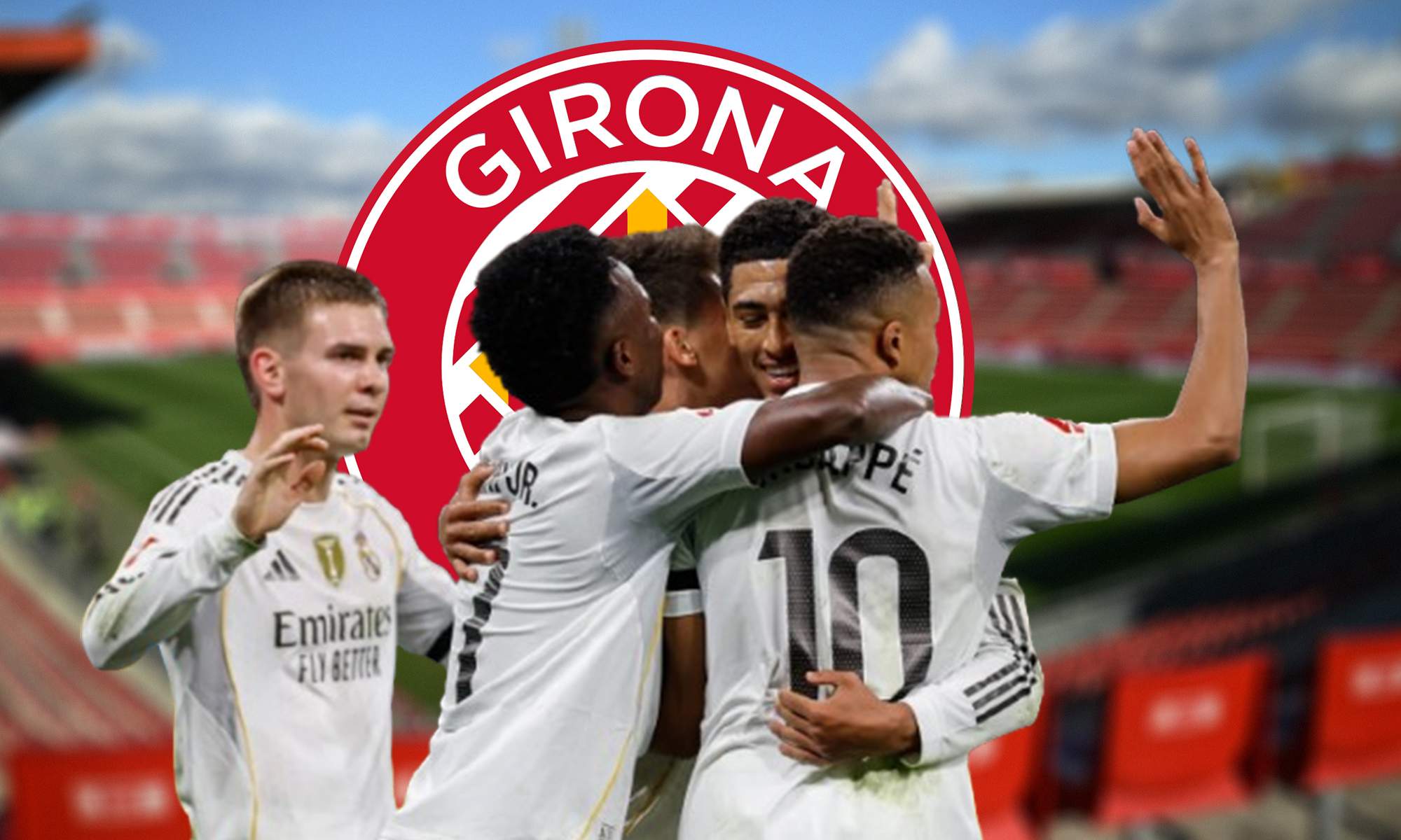 Jugadores del Real Madrid celebrando un gol y el escudo del Girona.
