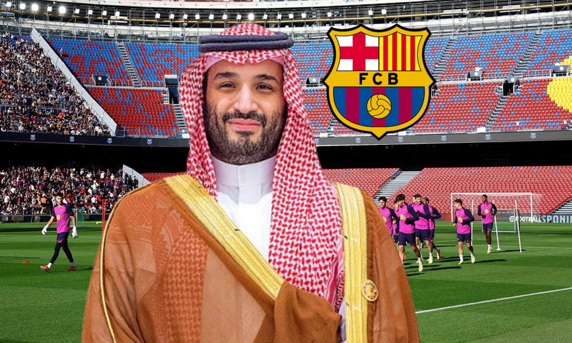El príncipe de Arabia Saudí, el escudo del Fútbol Club Barcelona y el Camp Nou. 