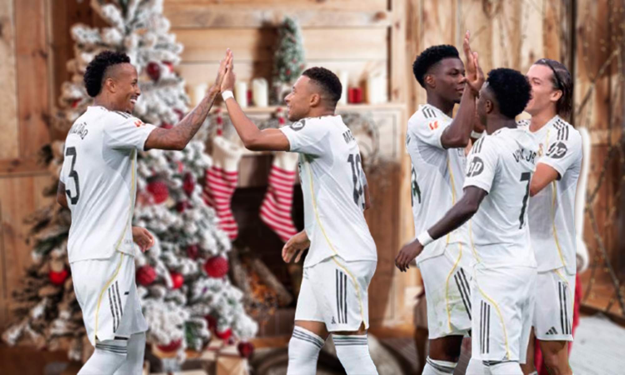 Jugadores del Real Madrid y árbol de Navidad