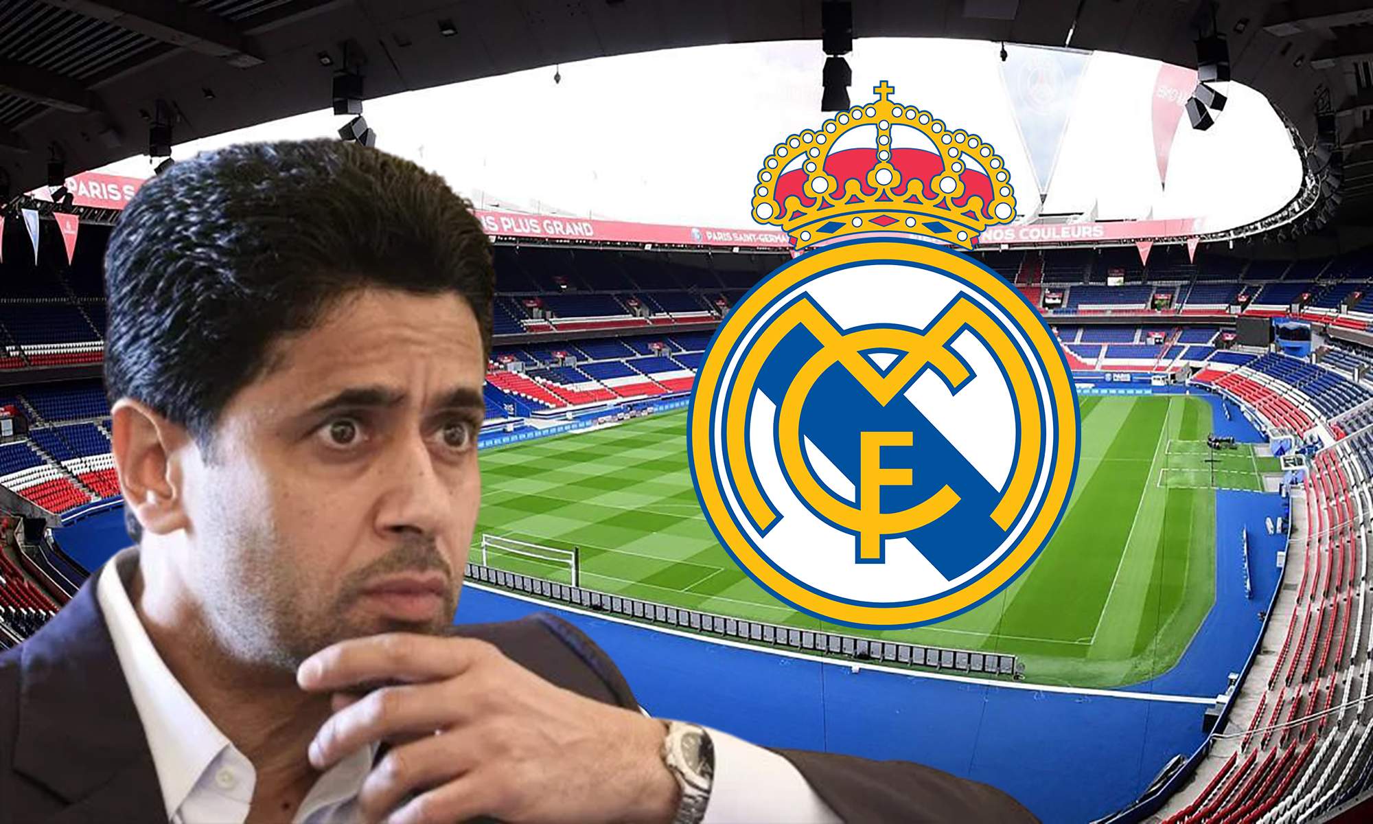 Al Khelaïfi, PSG y escudo Real Madrid