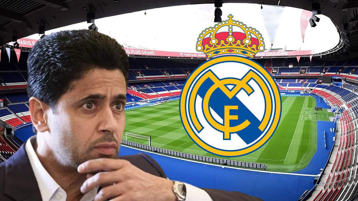 Al Khelaïfi, PSG y escudo Real Madrid