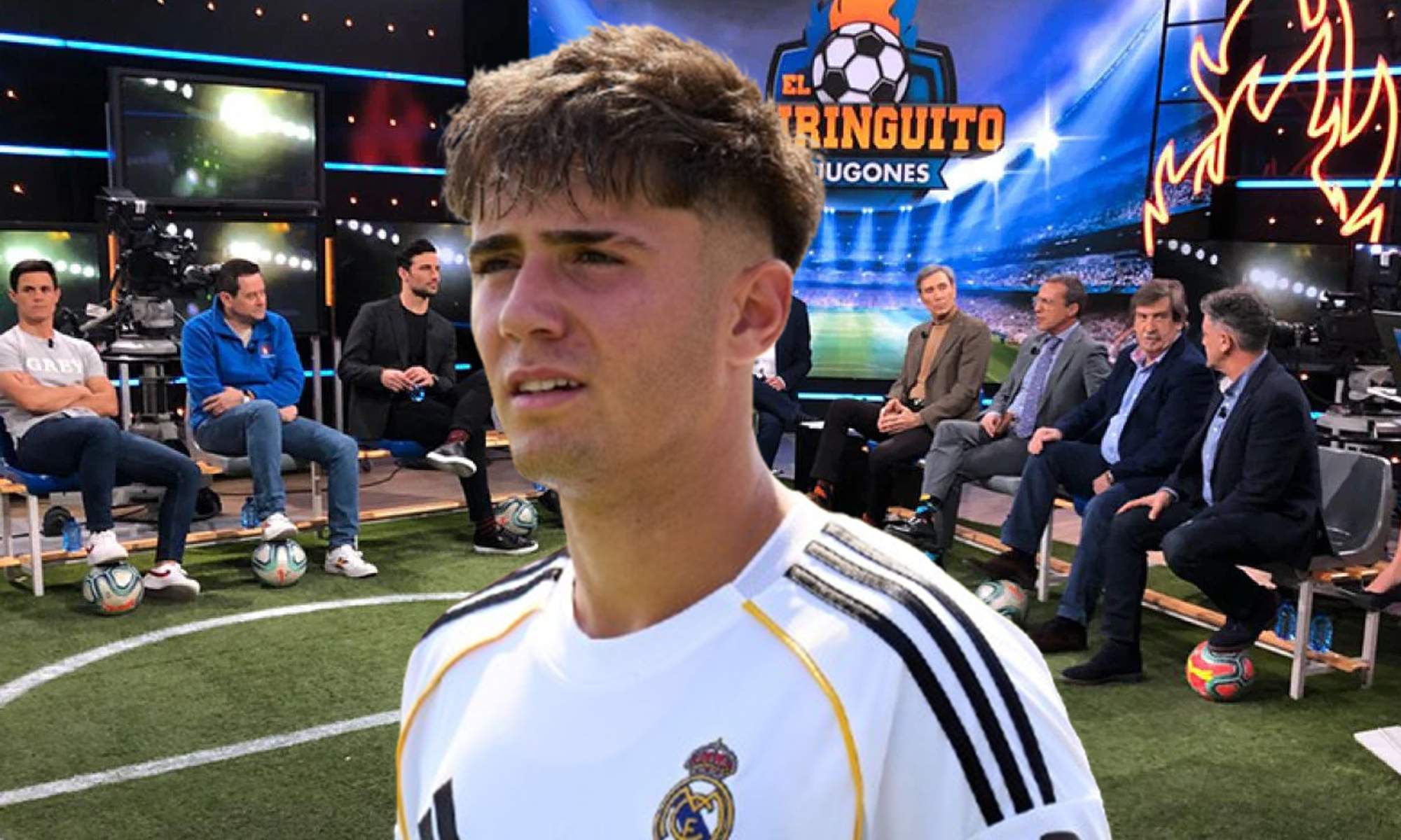 Víctor Valdepeñas con la camiseta del Real Madrid y el plató del Chiringuito.