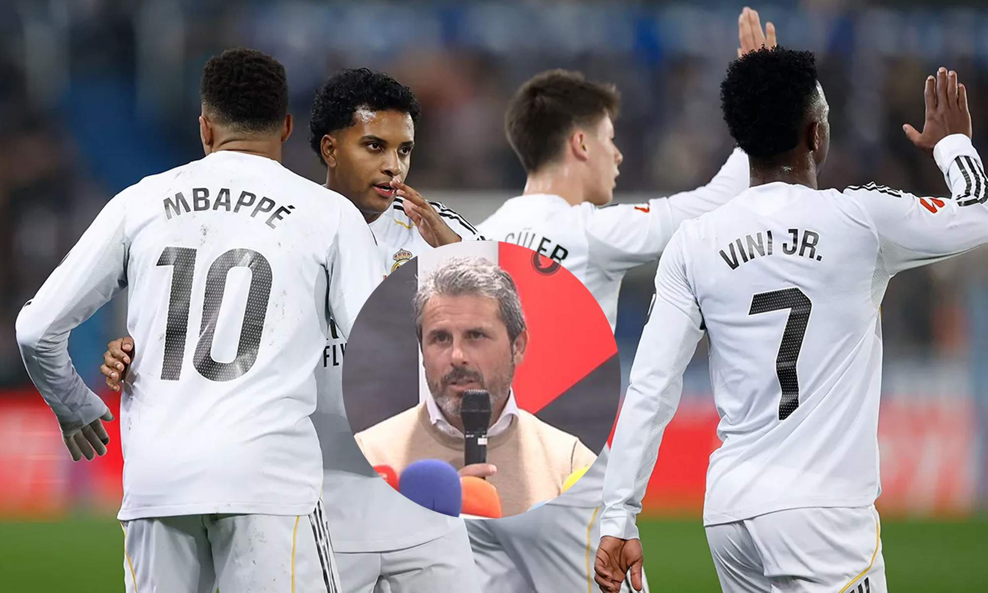 Jugadores del Real Madrid celebrando un gol y una foto de Rafael Alkorta. 