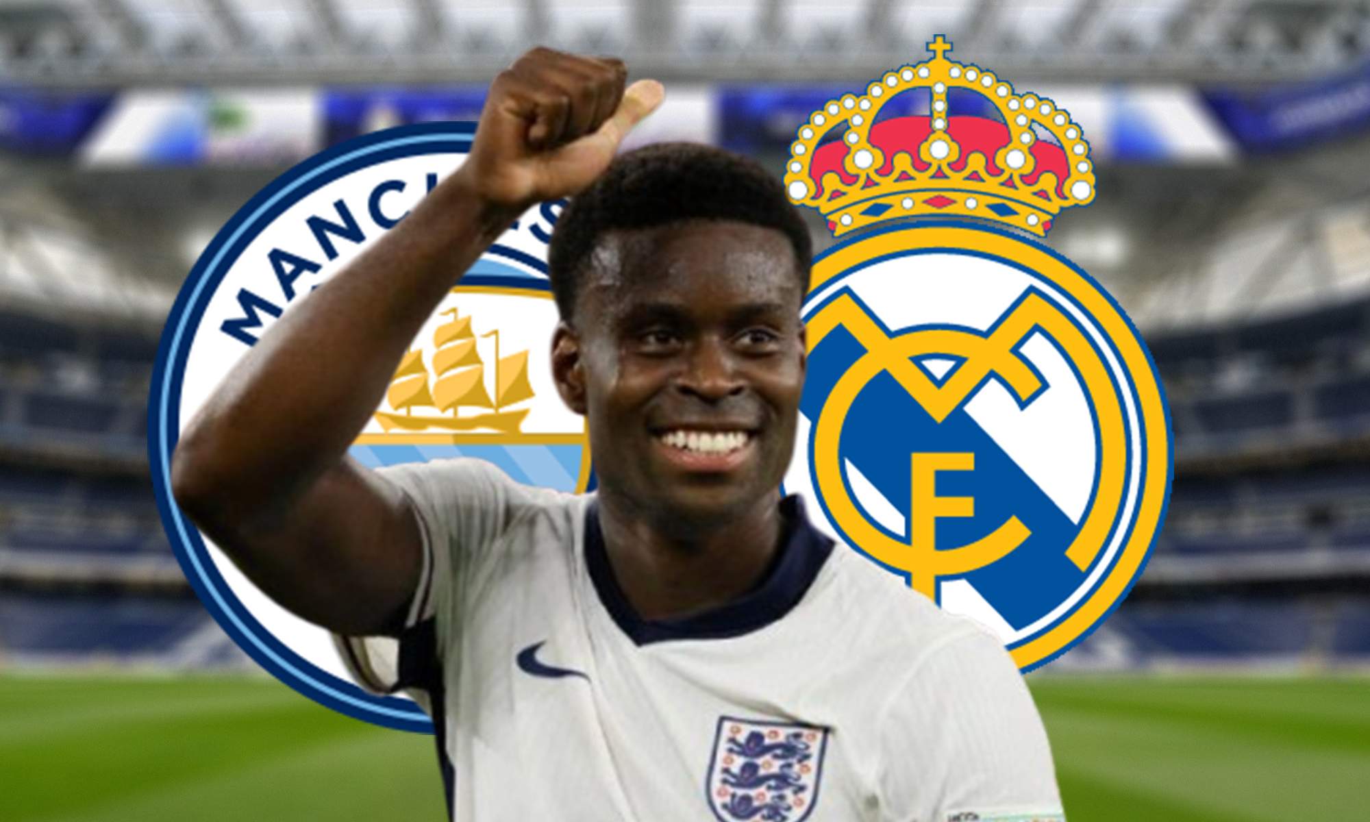 Marc Guéhi con Inglaterra y los escudos del Manchester City y el Real Madrid.