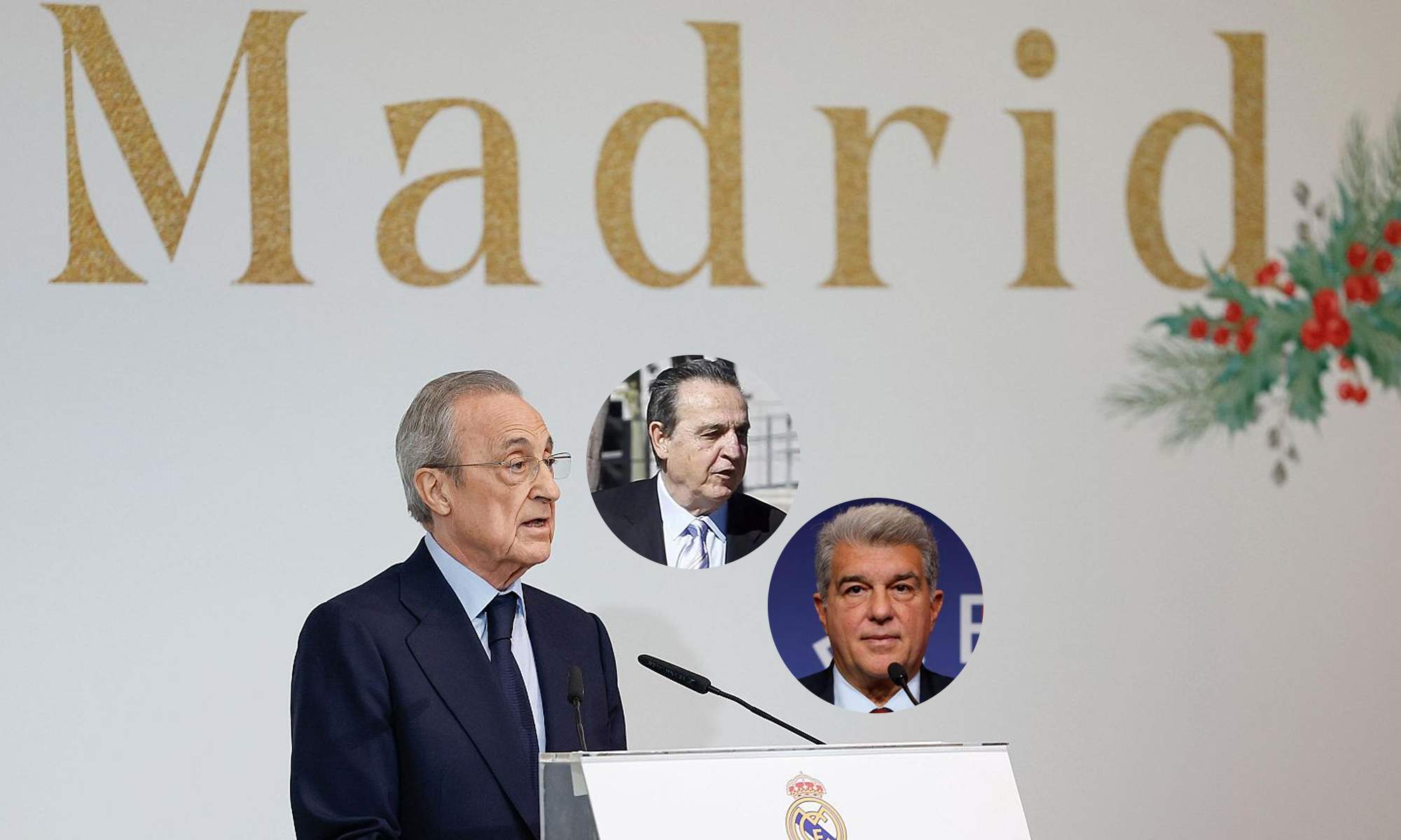 Florentino Pérez en el cóctel de Navidad y unas fotos de Enríquez Negreira y Joan Laporta. 