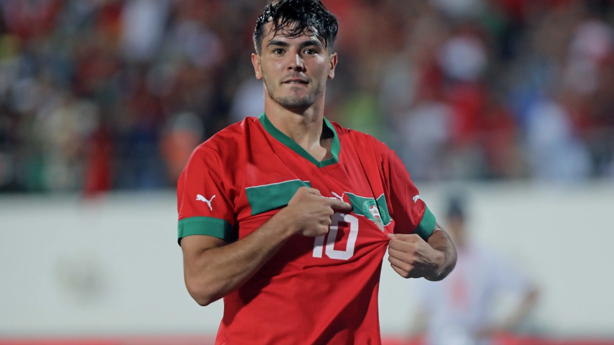 Brahim Díaz celebrando un gol con Marruecos. 