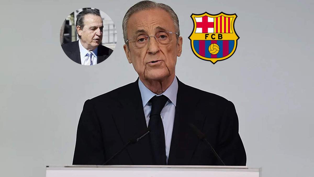 Florentino Pérez, una foto de Negreira y el escudo del Barcelona. 