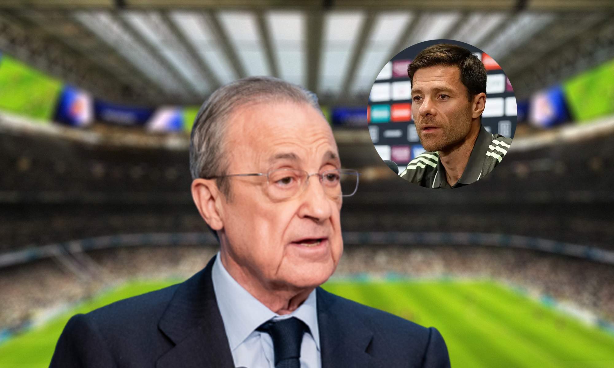 Florentino Pérez y una foto de Xabi Alonso en una rueda de prensa.