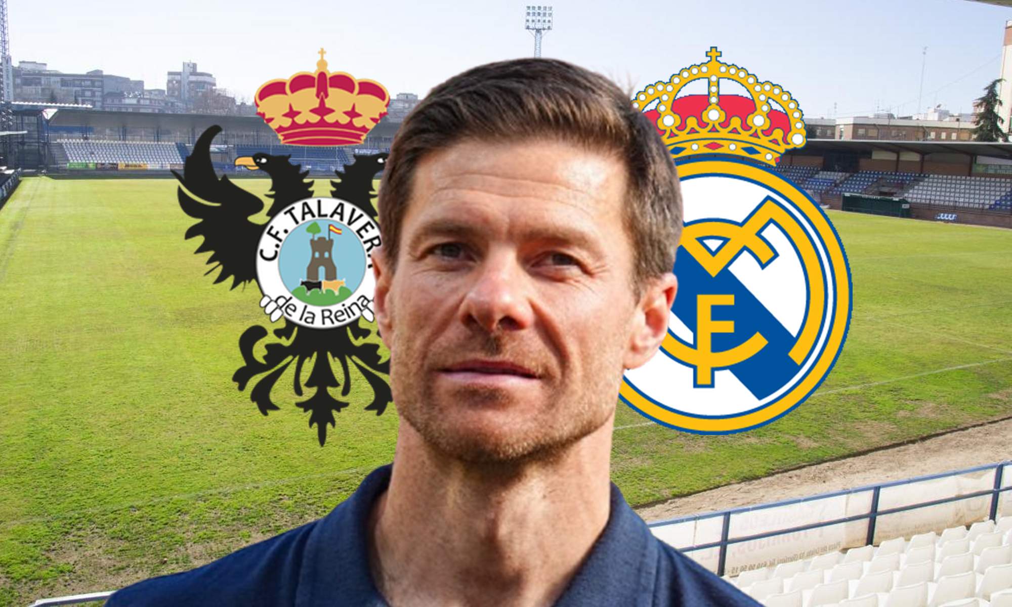 Xabi Alonso y los escudos del Talavera y el Real Madrid.
