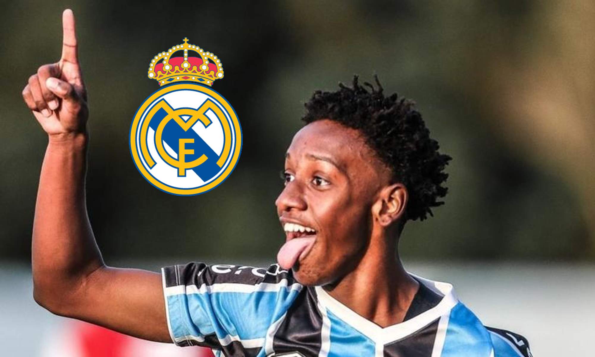 Gabriel Mec jugando con Gremio y el escudo del Real Madrid. 