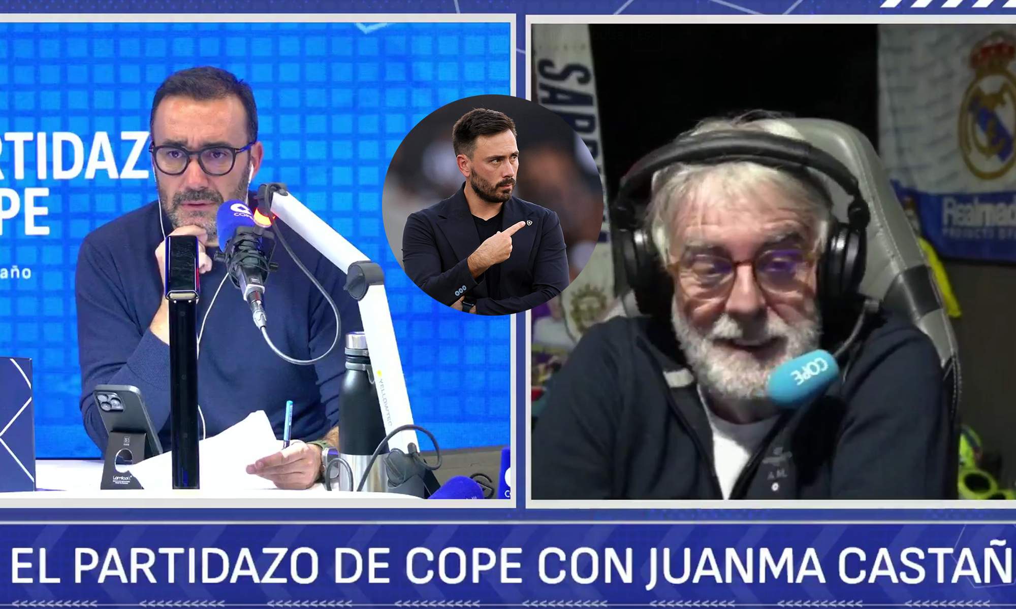 Siro López en El Partidazo de COPE con Manu Carreño y una foto de Davide Ancelotti. 