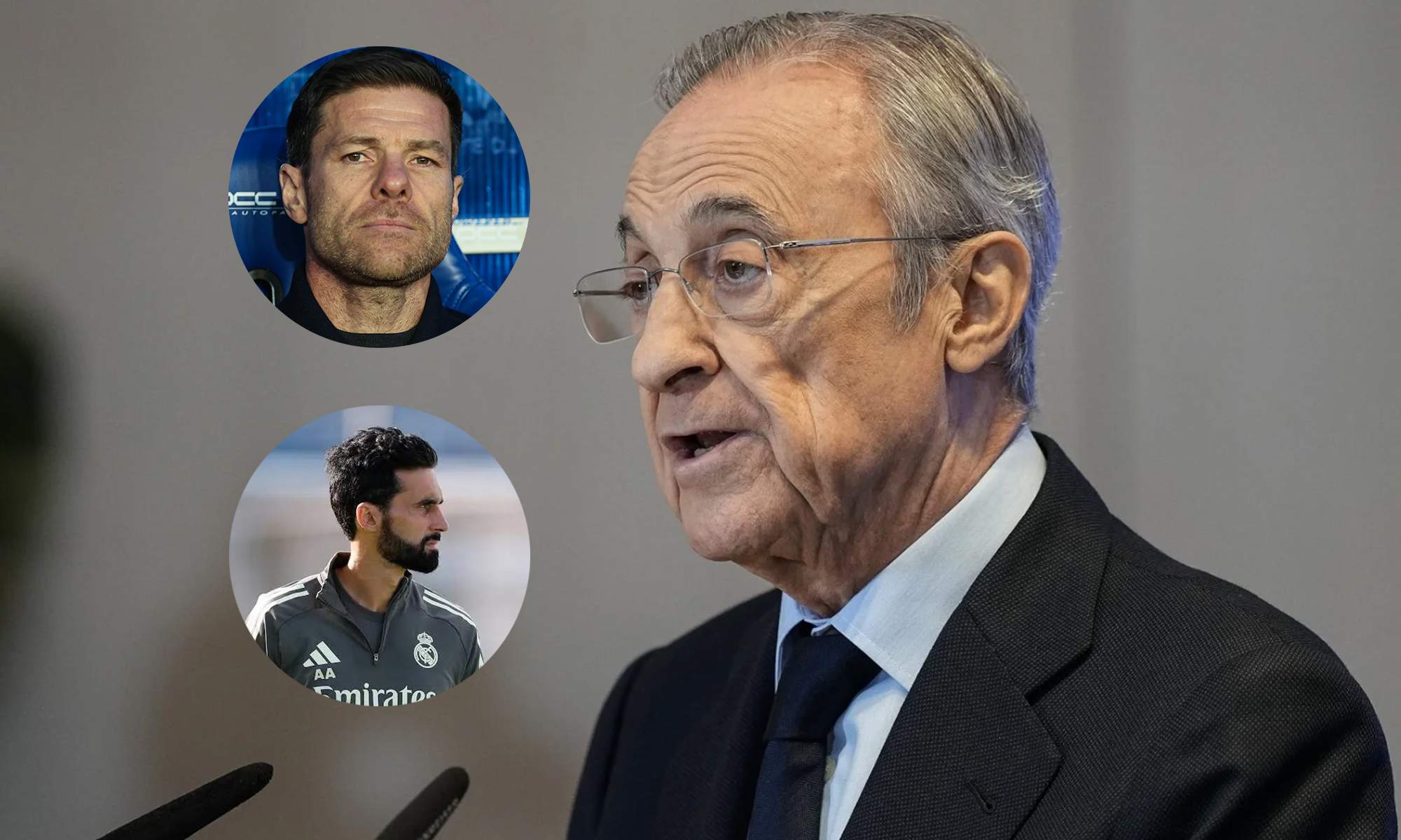Florentino Pérez y unas fotos de Xabi Alonso y Álvaro Arbeloa.