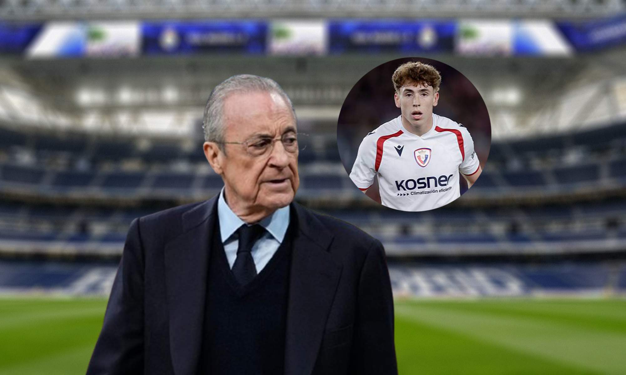 Florentino Pérez, el Santiago Bernabéu y una foto de Víctor Muñoz.