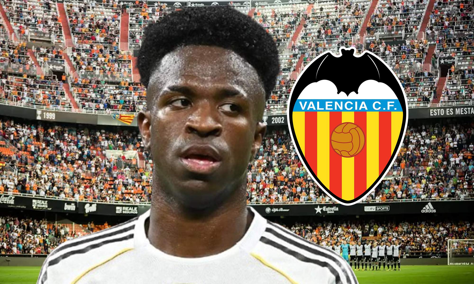 Vinícius Júnior, el escudo del Valencia y Mestalla.