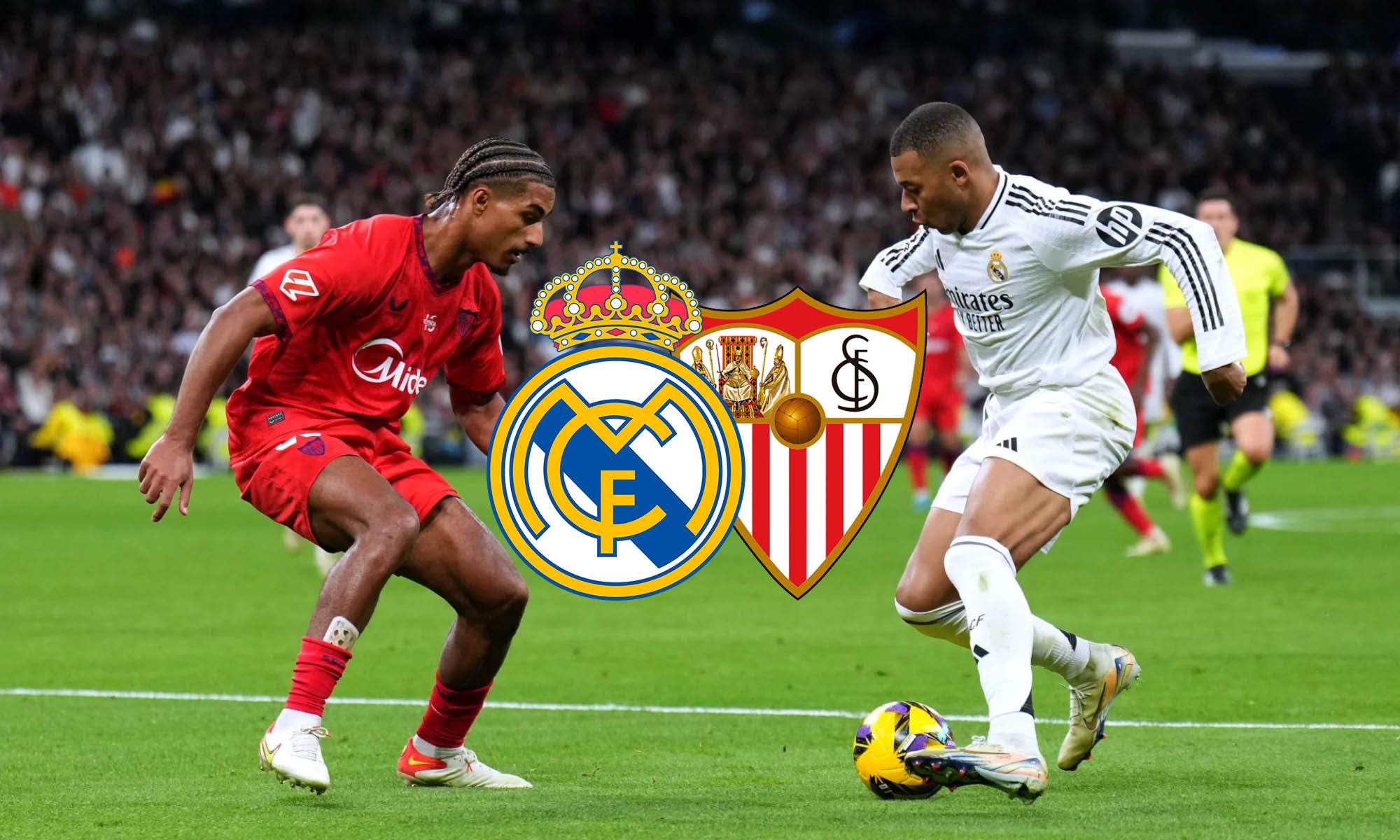 Mbappé, Badé y escudos de Real Madrid y Sevilla