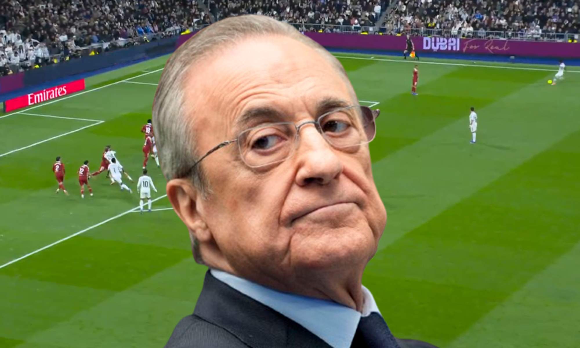Florentino Pérez y una captura del Real Madrid - Sevilla. 