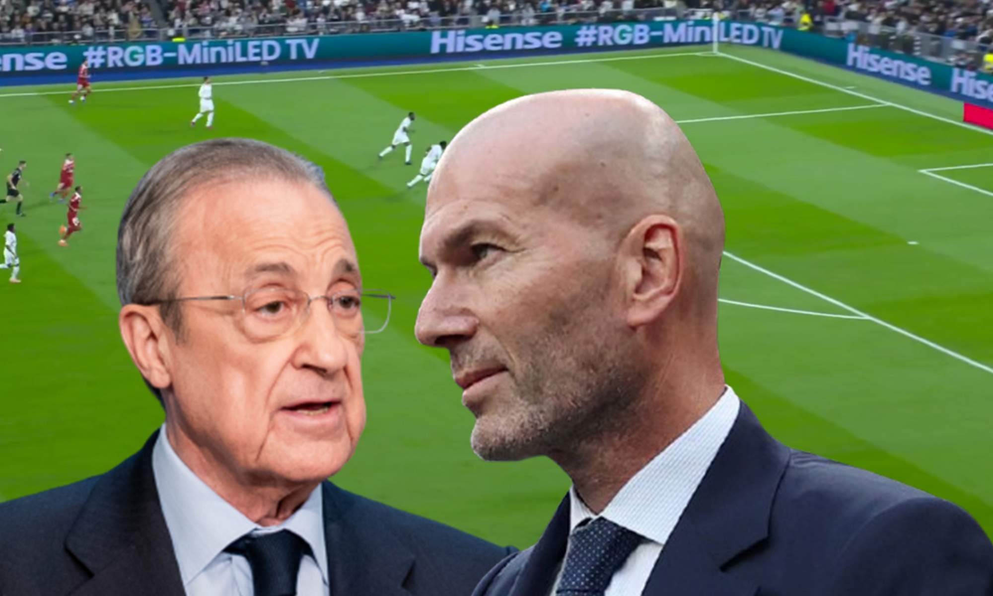 Zinedine Zidane, Florentino Pérez y una captura del Real Madrid - Sevilla. 