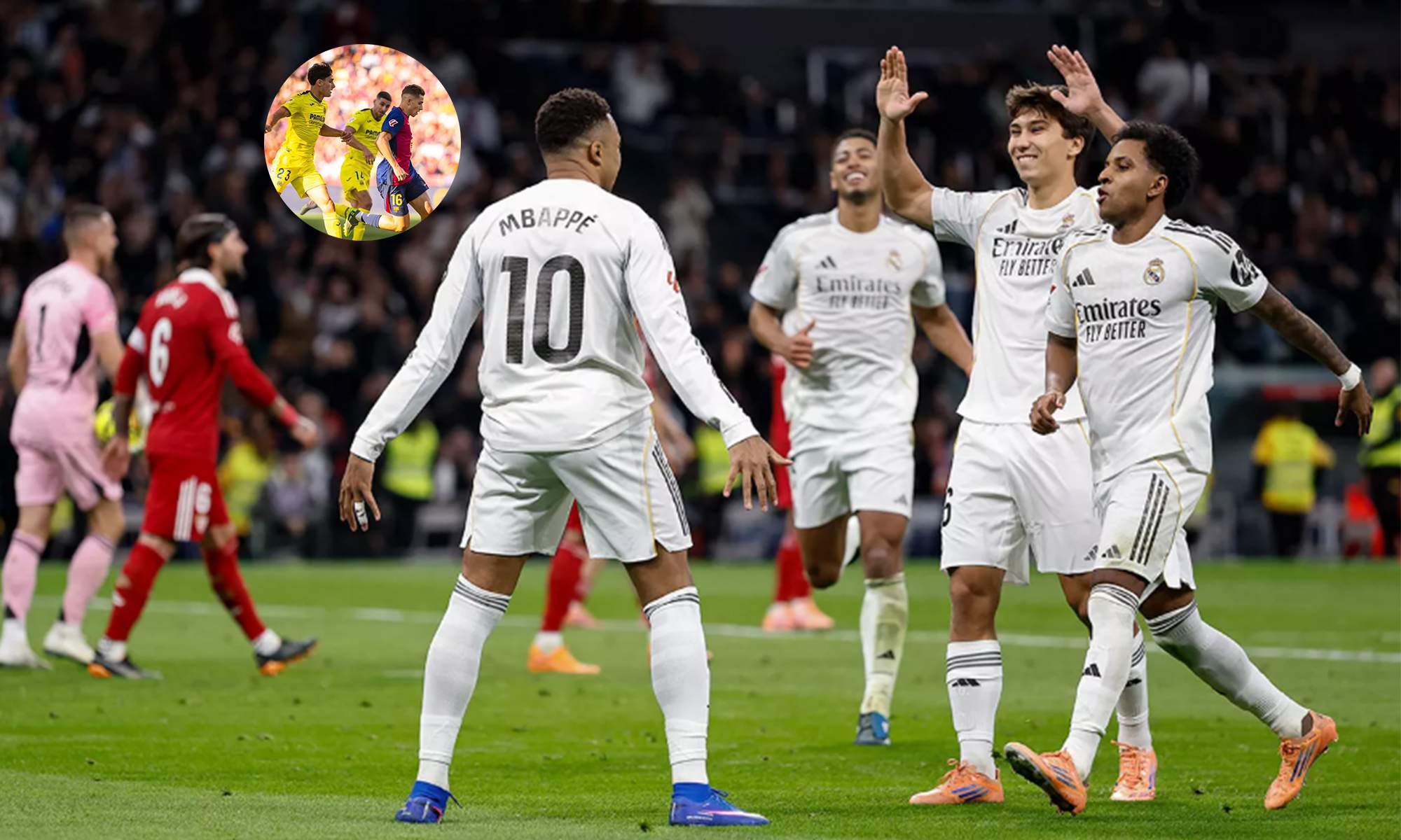 Jugadores del Real Madrid y una foto del Villarreal - Barcelona.