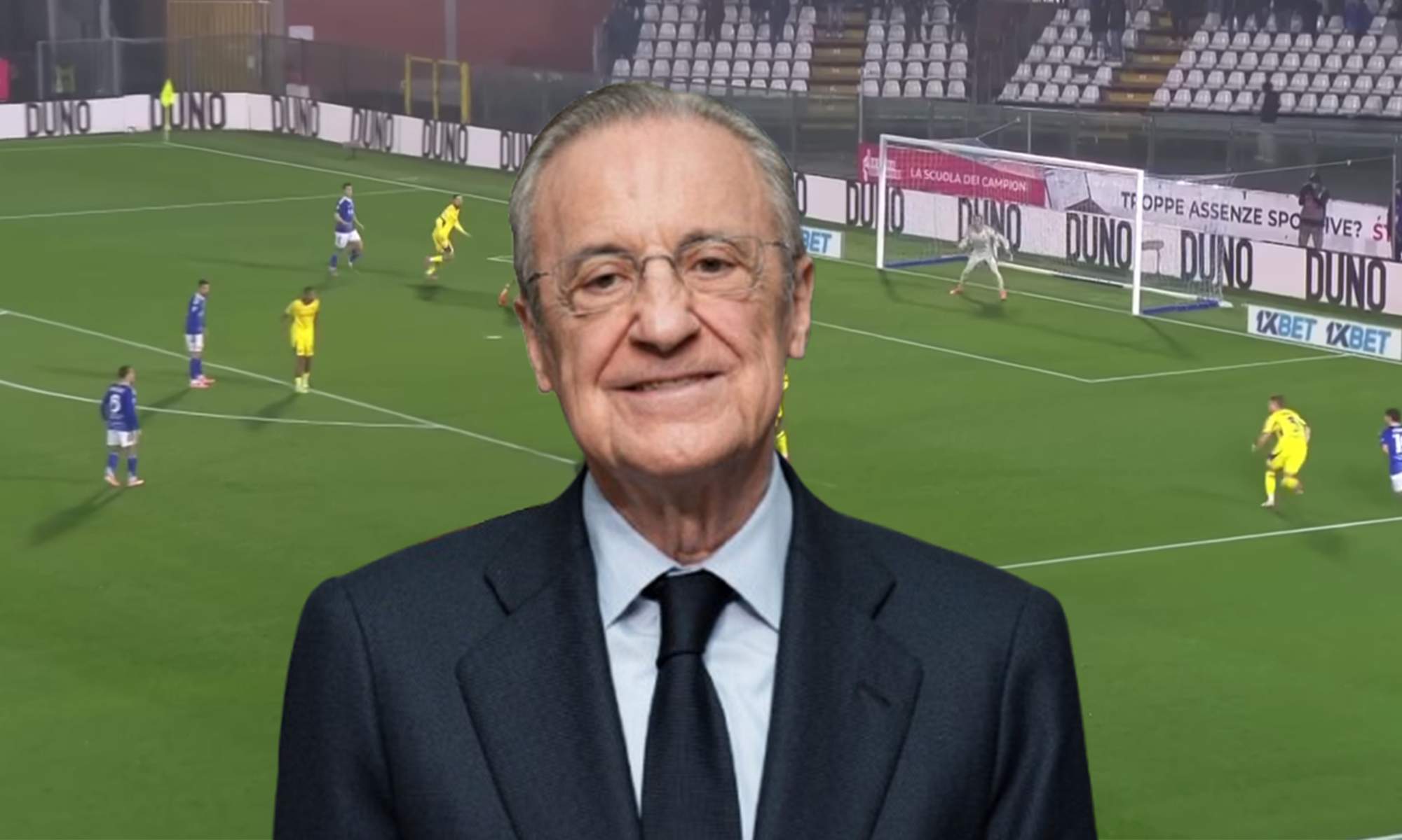 Florentino Pérez y una captura de un partido del Como.