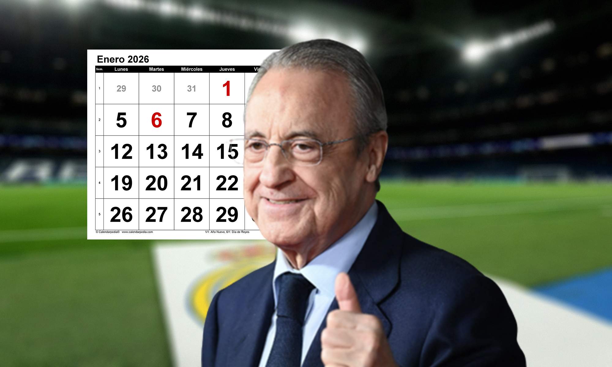 Florentino Pérez, el calendario de enero de 2026 y el Santiago Bernabéu. 