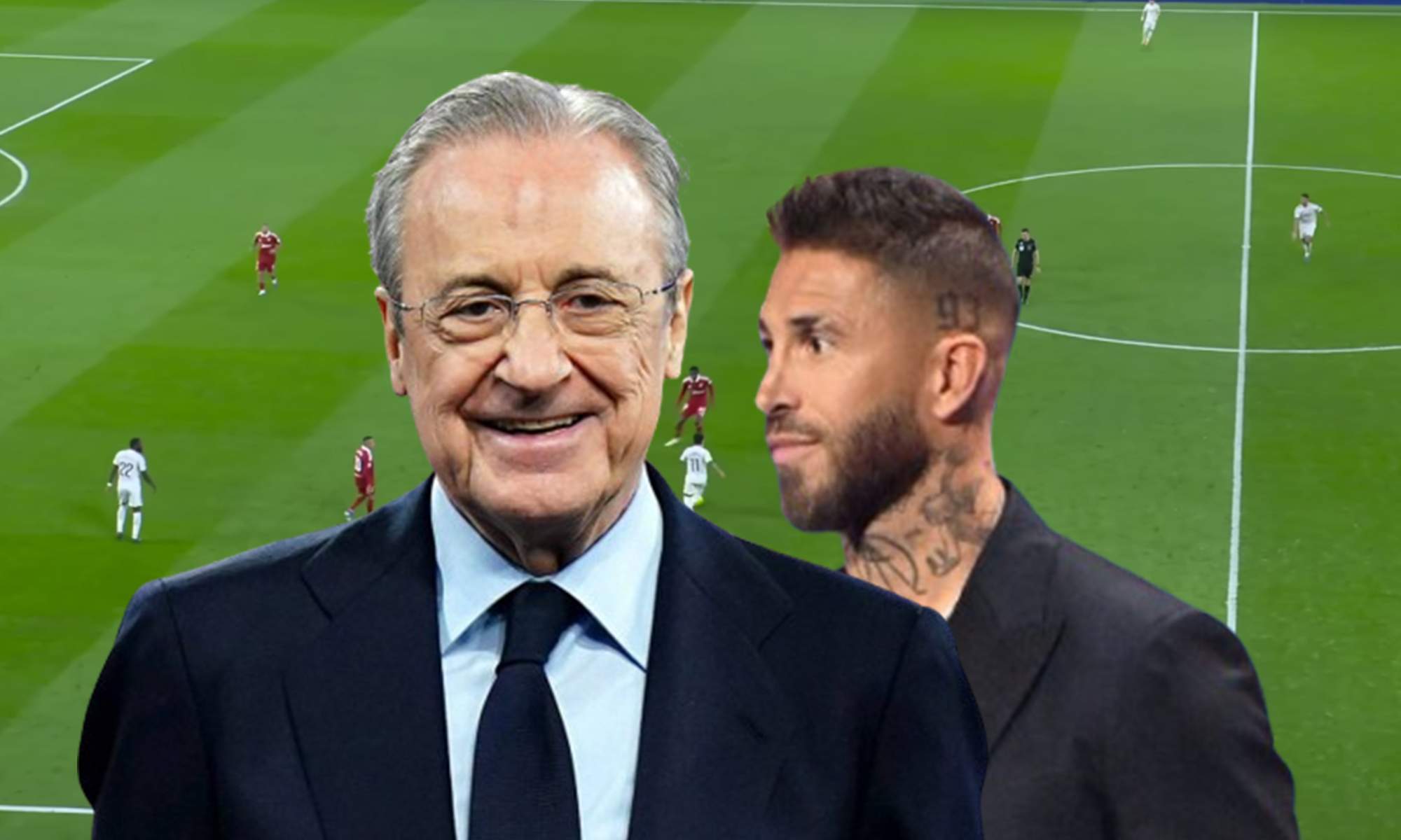 Florentino Pérez, Sergio Ramos y una captura del Real Madrid - Sevilla. 