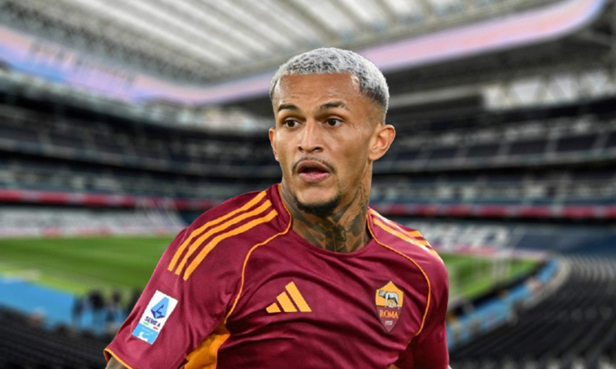 Wesley con la camiseta de la Roma y el Santiago Bernabéu.