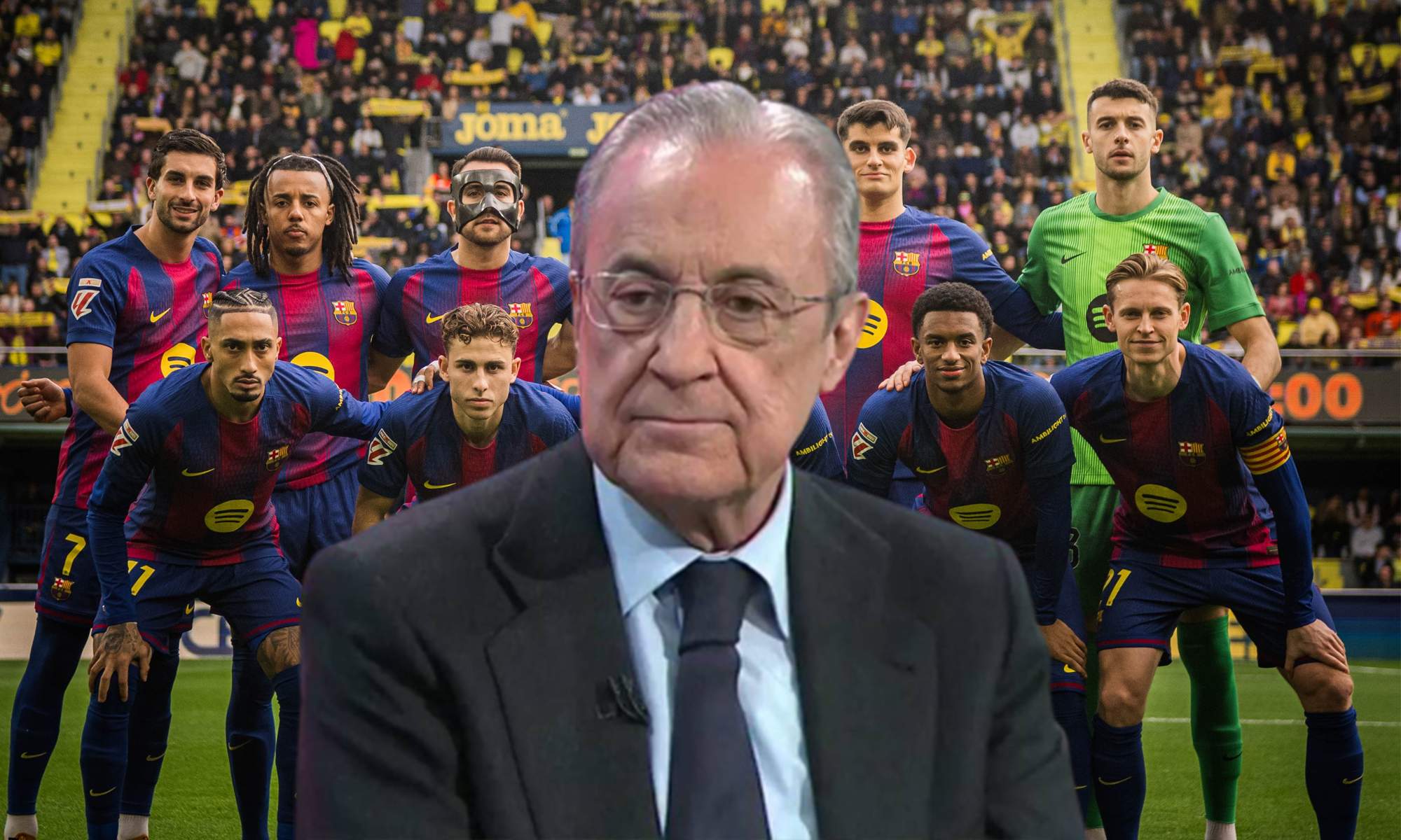 Florentino Pérez y el once del Barcelona contra el Villarreal.