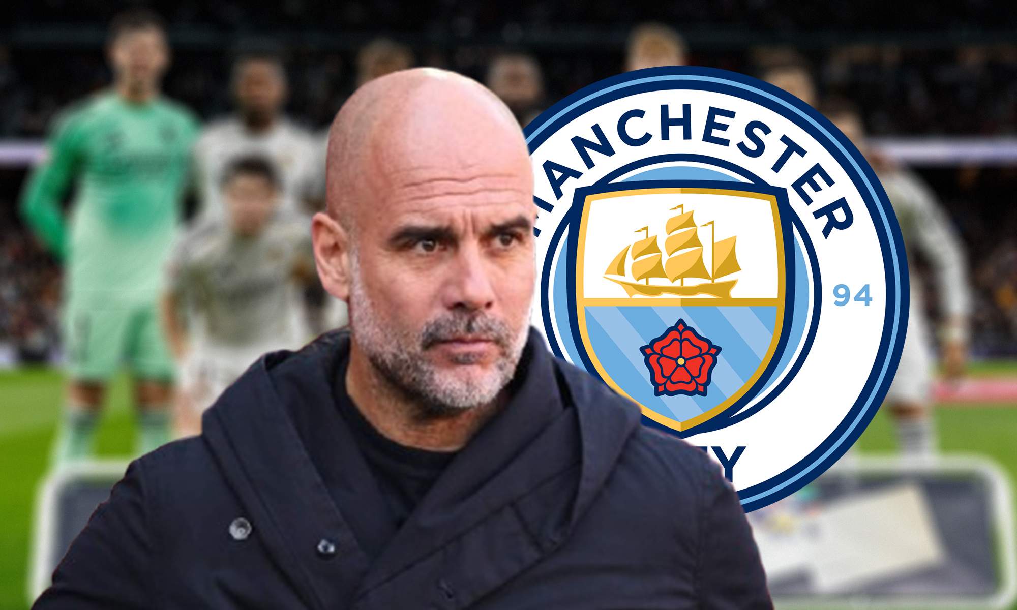 Pep Guardiola, el escudo del Manchester City y un once del Real Madrid.