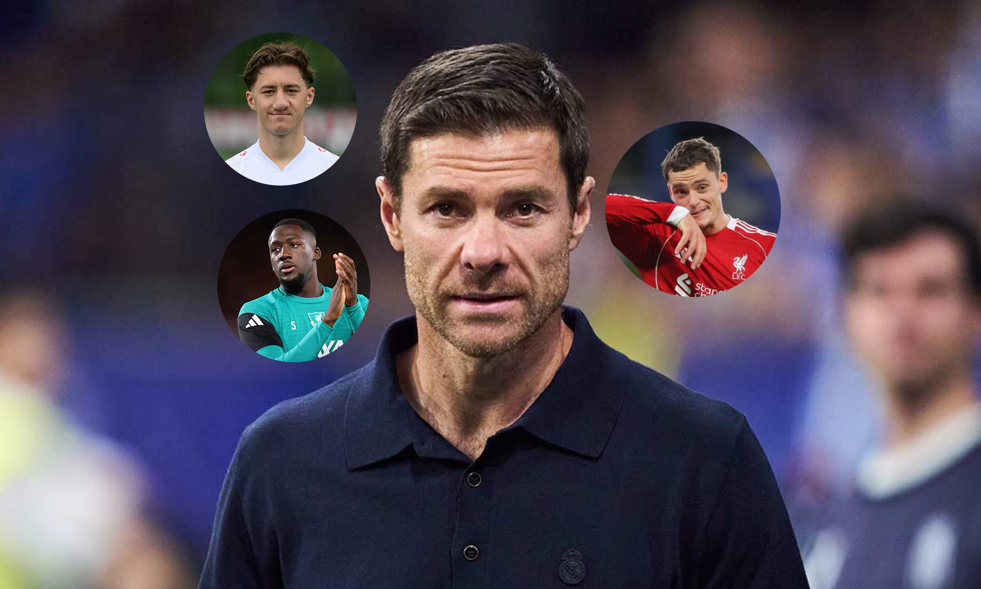 Xabi Alonso en un partido del Real Madrid y Angelo Stiller, Ibrahima Konaté y Florian Wirtz.