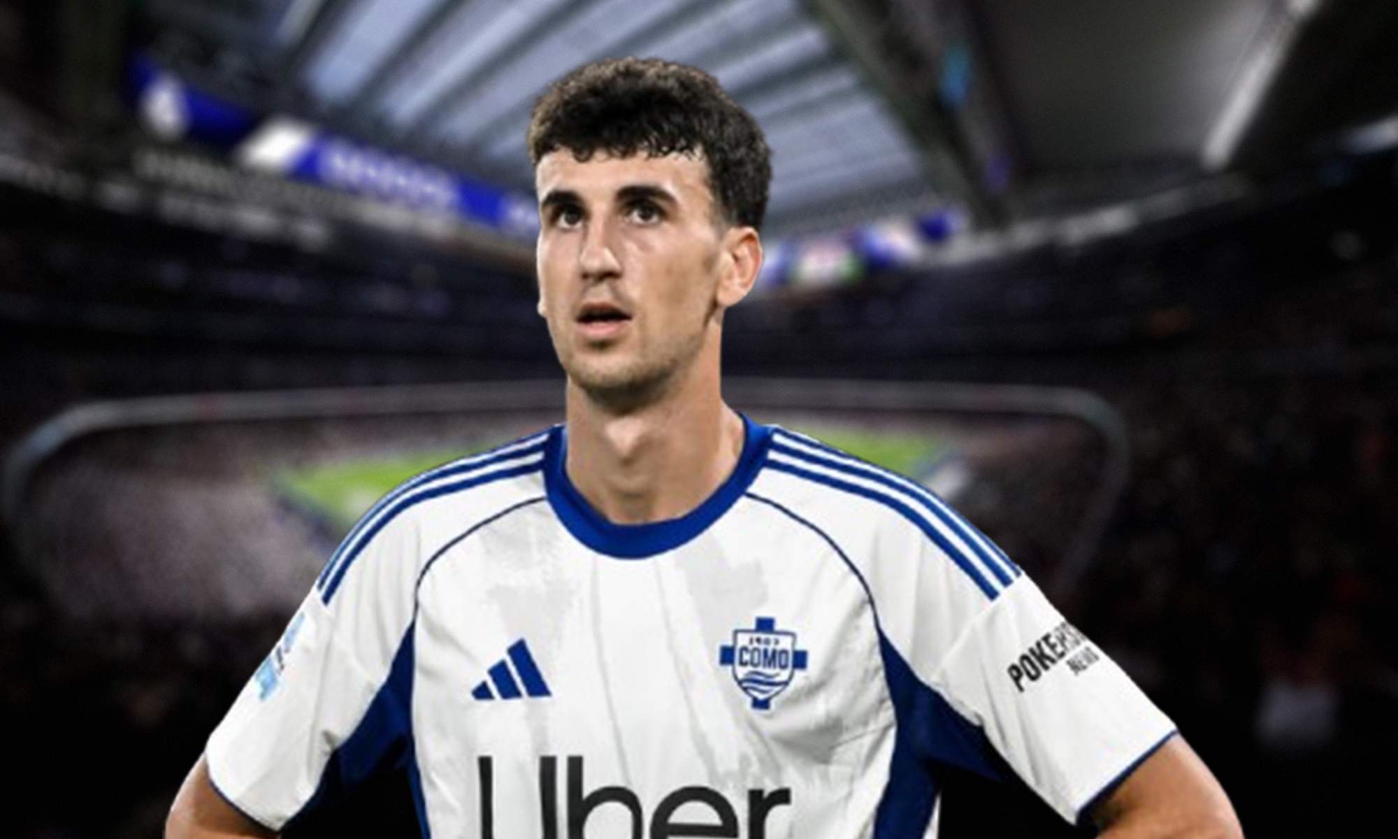 Jacobo Ramón con la camiseta del Como y el Santiago Bernabéu.