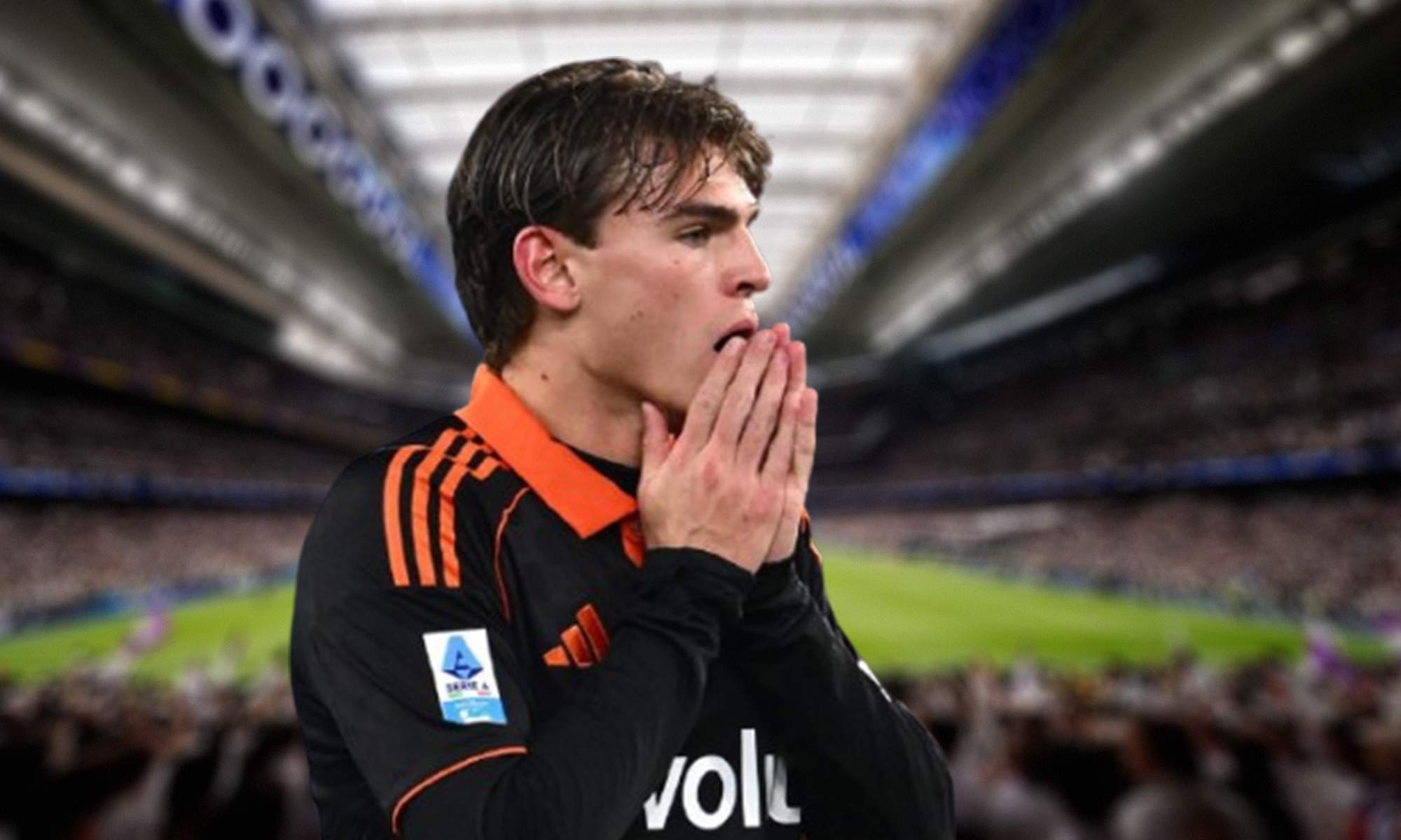 Nico Paz con la camiseta del Como y el Santiago Bernabéu. 