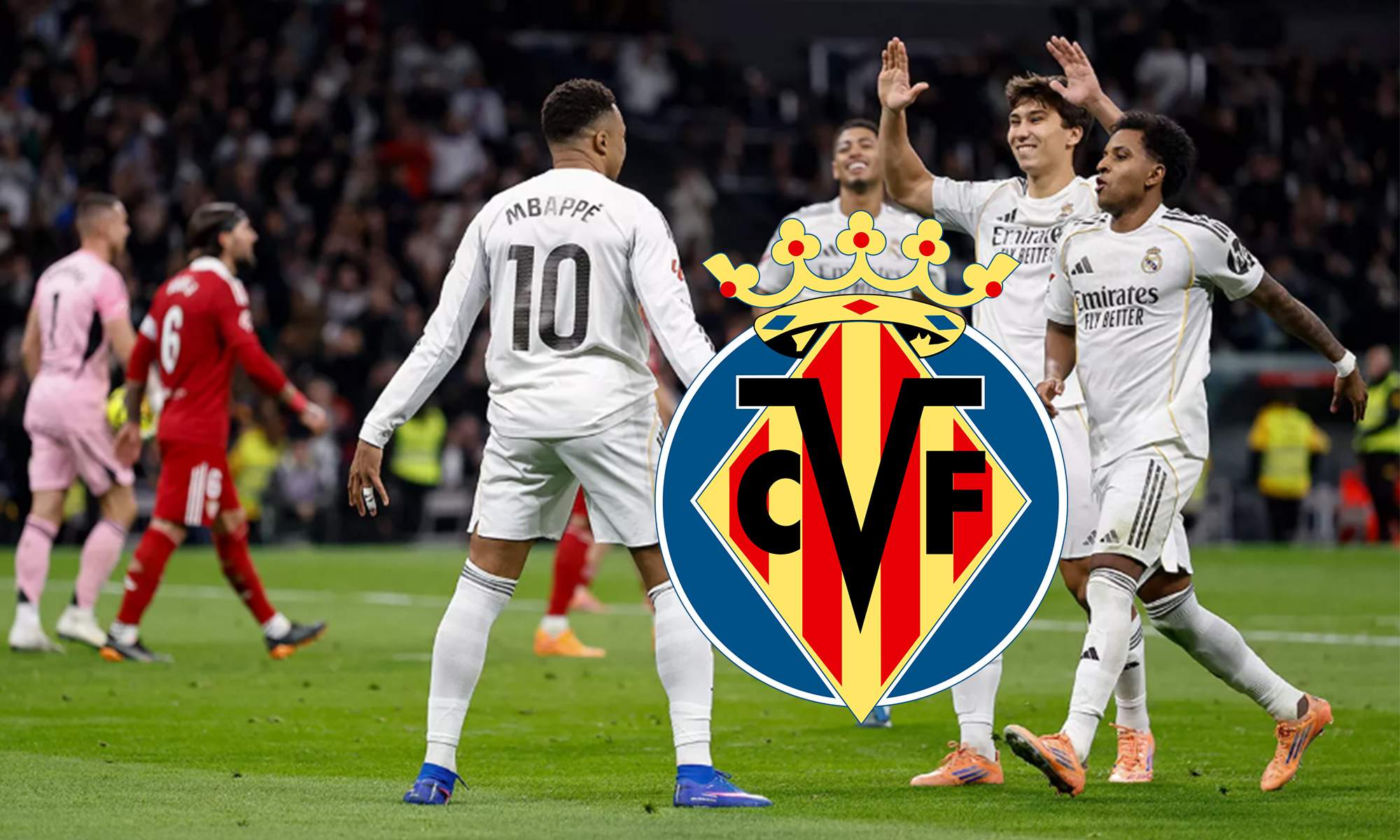 Jugadores del Real Madrid celebrando un gol y el escudo del Villarreal. 
