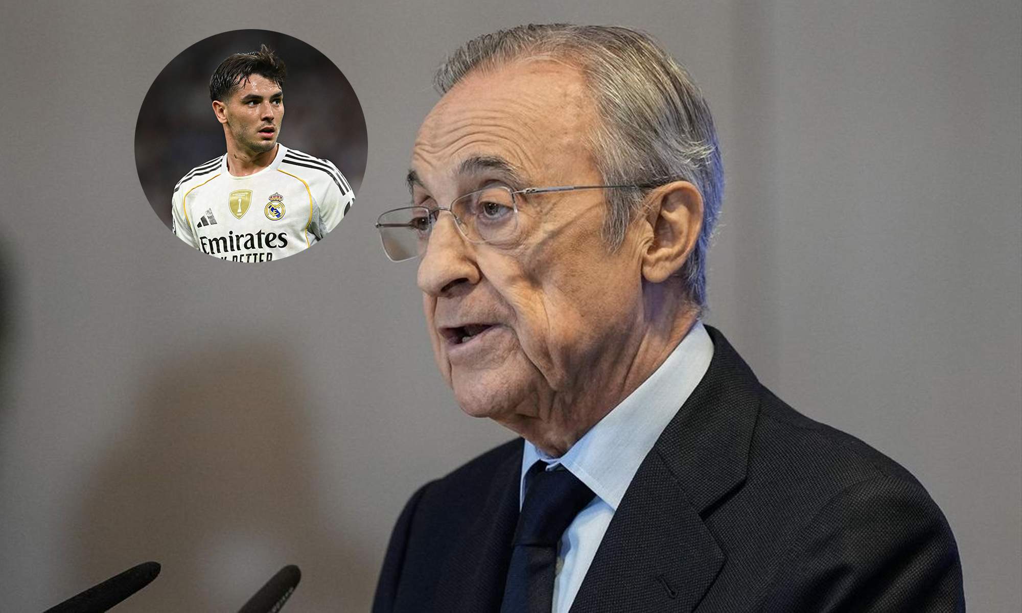 Florentino Pérez en un acto y una foto de Brahim Díaz.