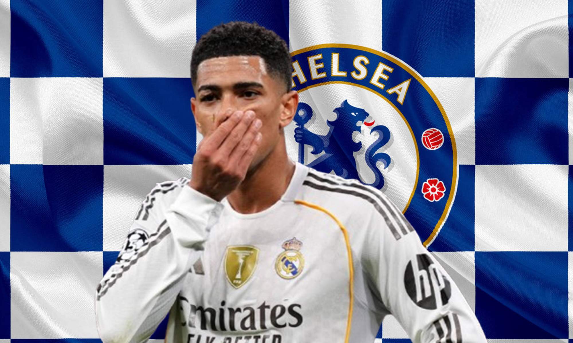 Jude Bellingham y el escudo del Chelsea. 