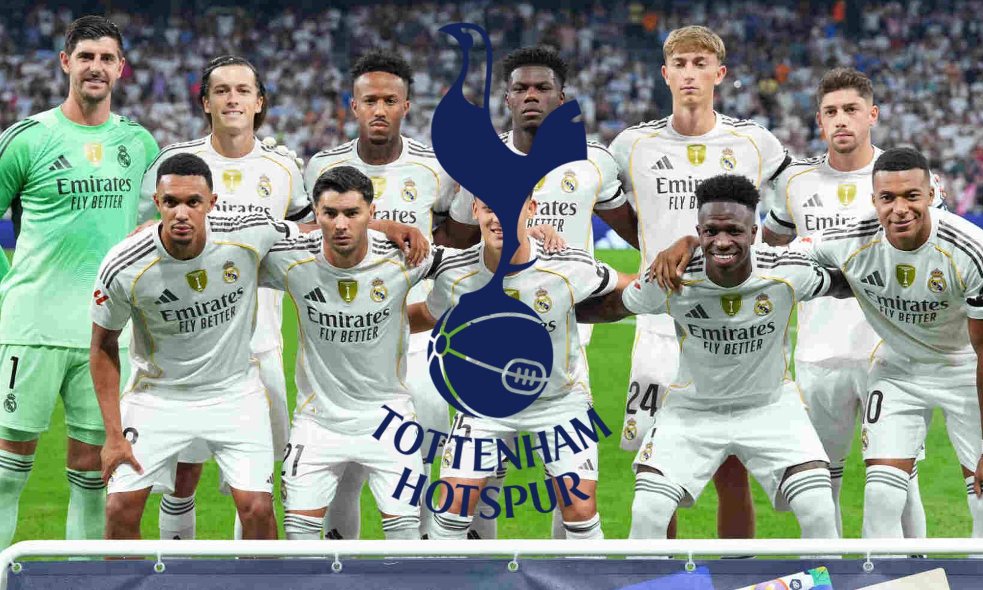 Escudo del Tottenham y un once del Real Madrid.