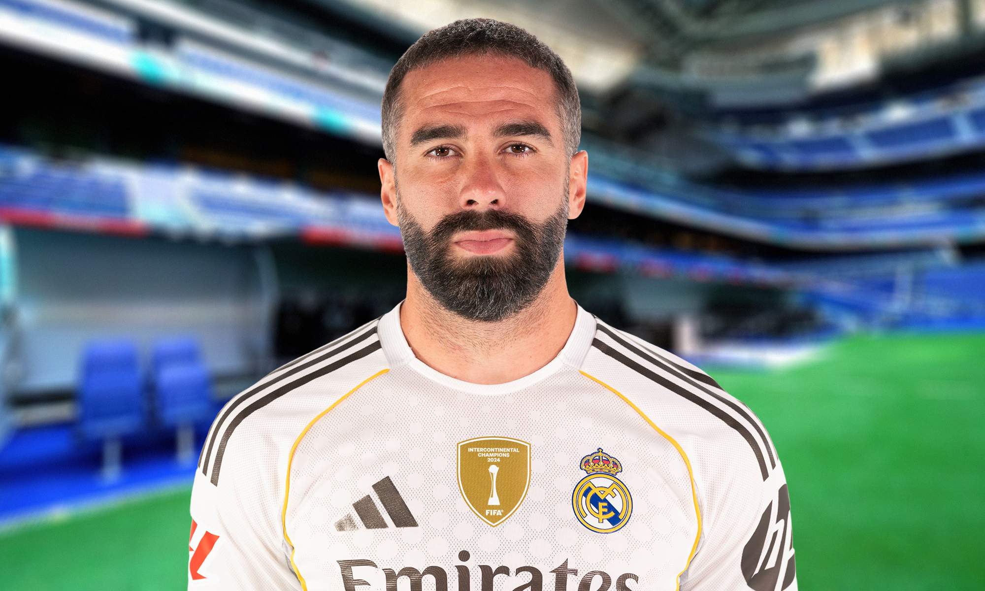 Dani Carvajal con la camiseta del Real Madrid y el Santiago Bernabéu.