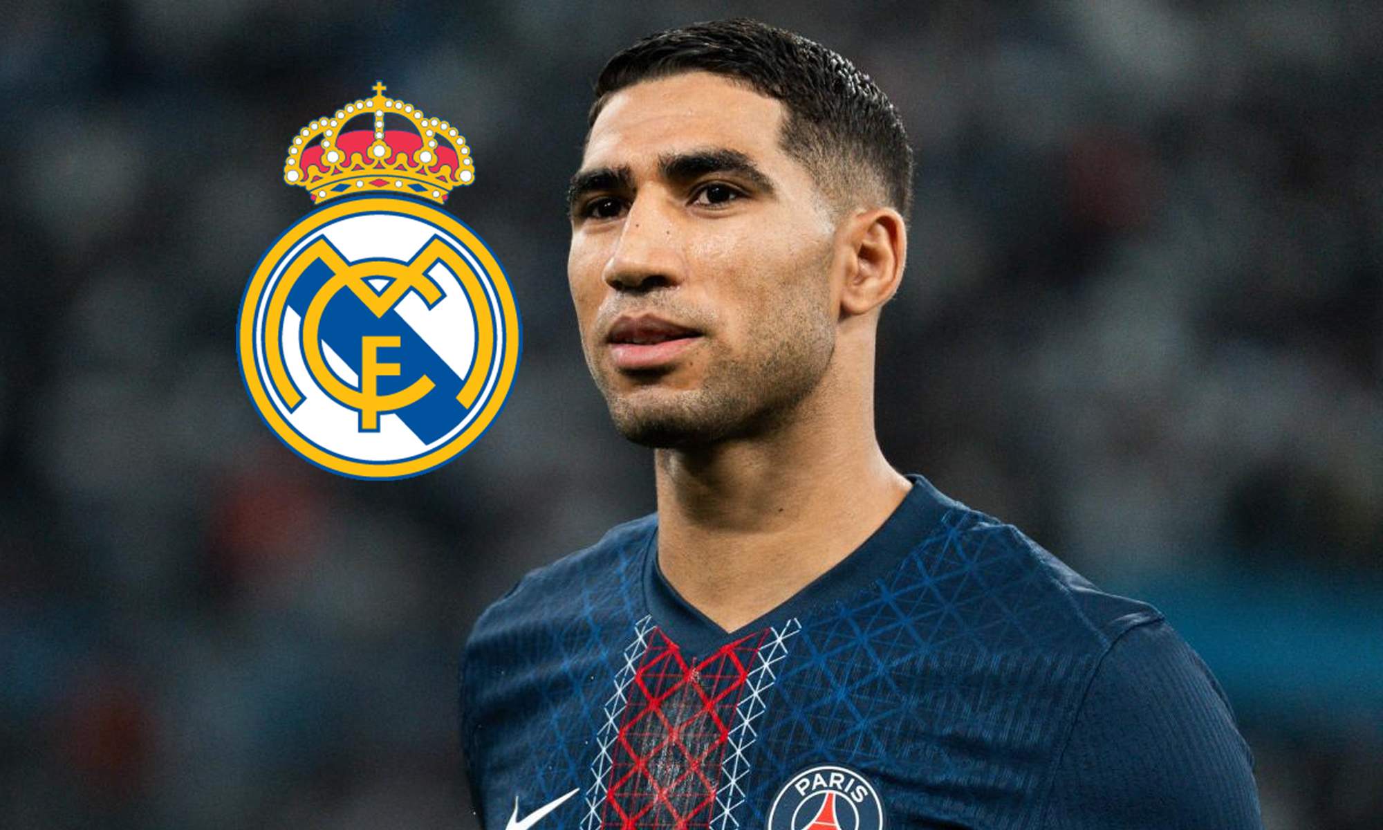 Achraf Hakimi con la camiseta del Paris Saint-Germain y el escudo del Real Madrid.