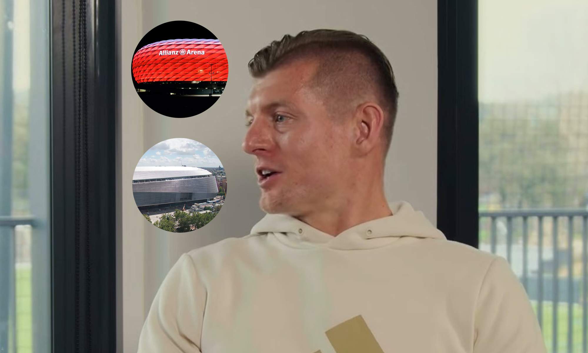 Toni Kroos en una entrevista, el Santiago Bernabéu y el Allianz Arena.