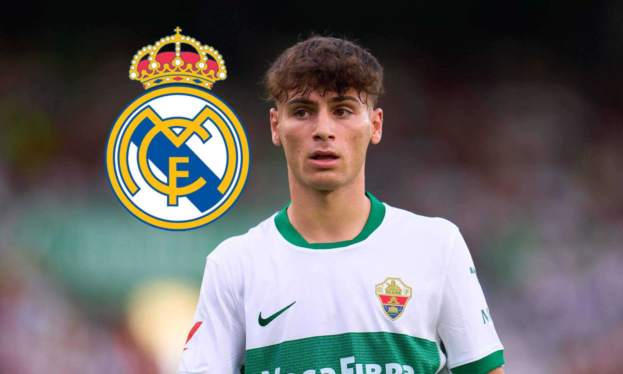Rodrigo Mendoza con la camiseta del Elche y el escudo del Real Madrid.