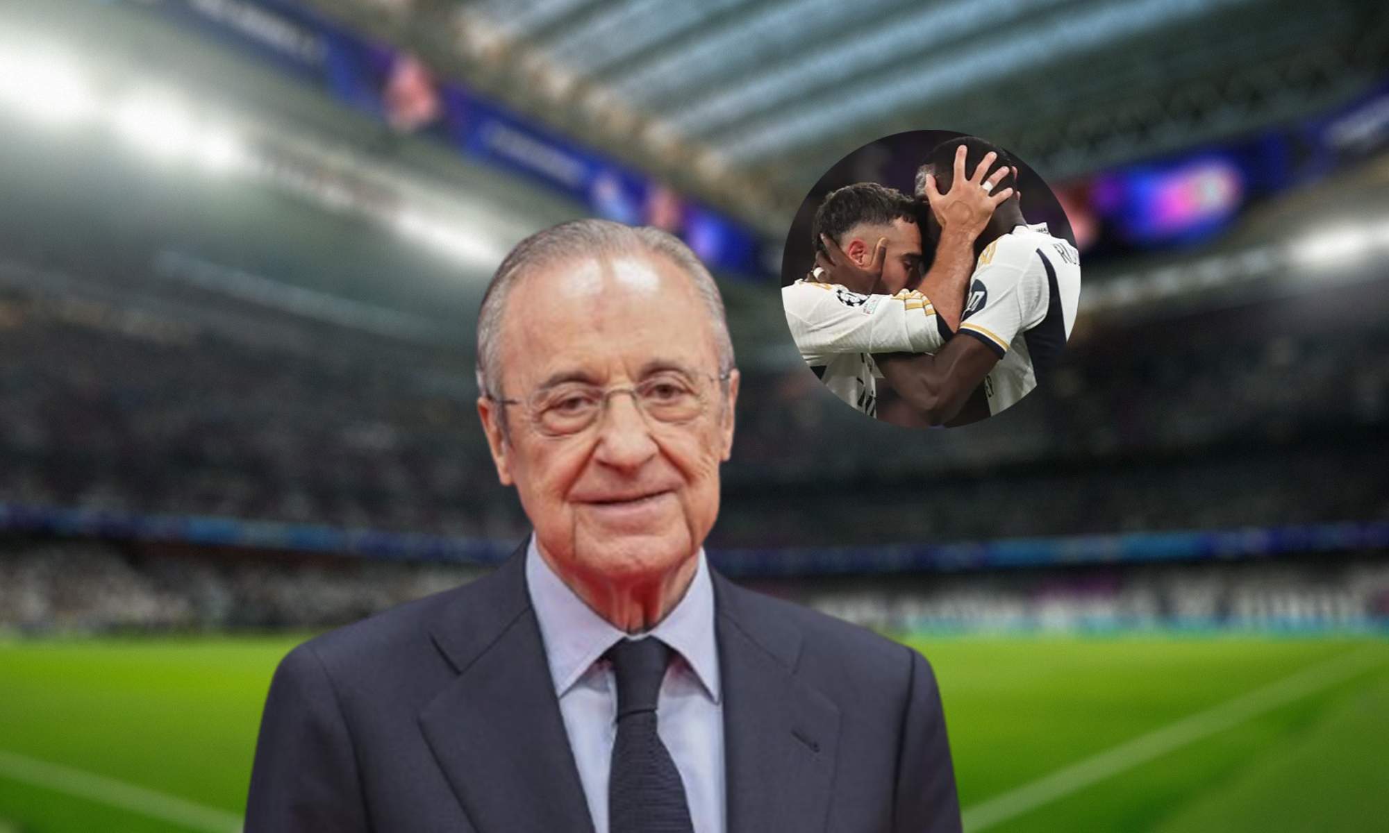 Florentino Pérez, el Santiago Bernabéu y una foto de Dani Carvajal y Antonio Rudiger. 