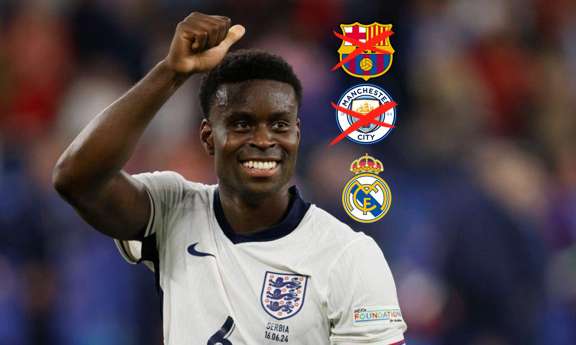 Marc Guehi jugando con Inglaterra y los escudos del Barcelona, Manchester City y Real Madrid.