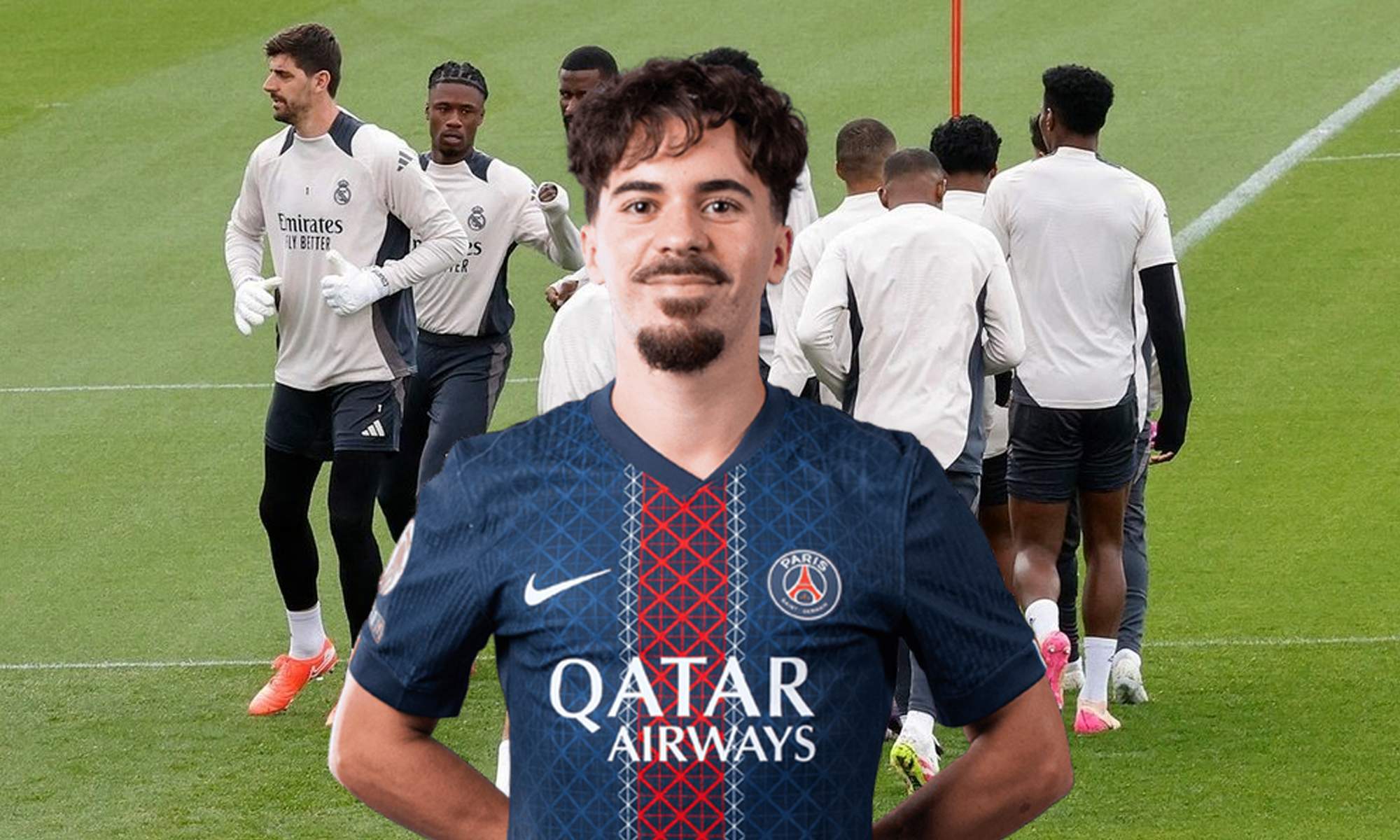 Vitinha con la camiseta del Paris Saint-Germain y jugadores del Real Madrid.
