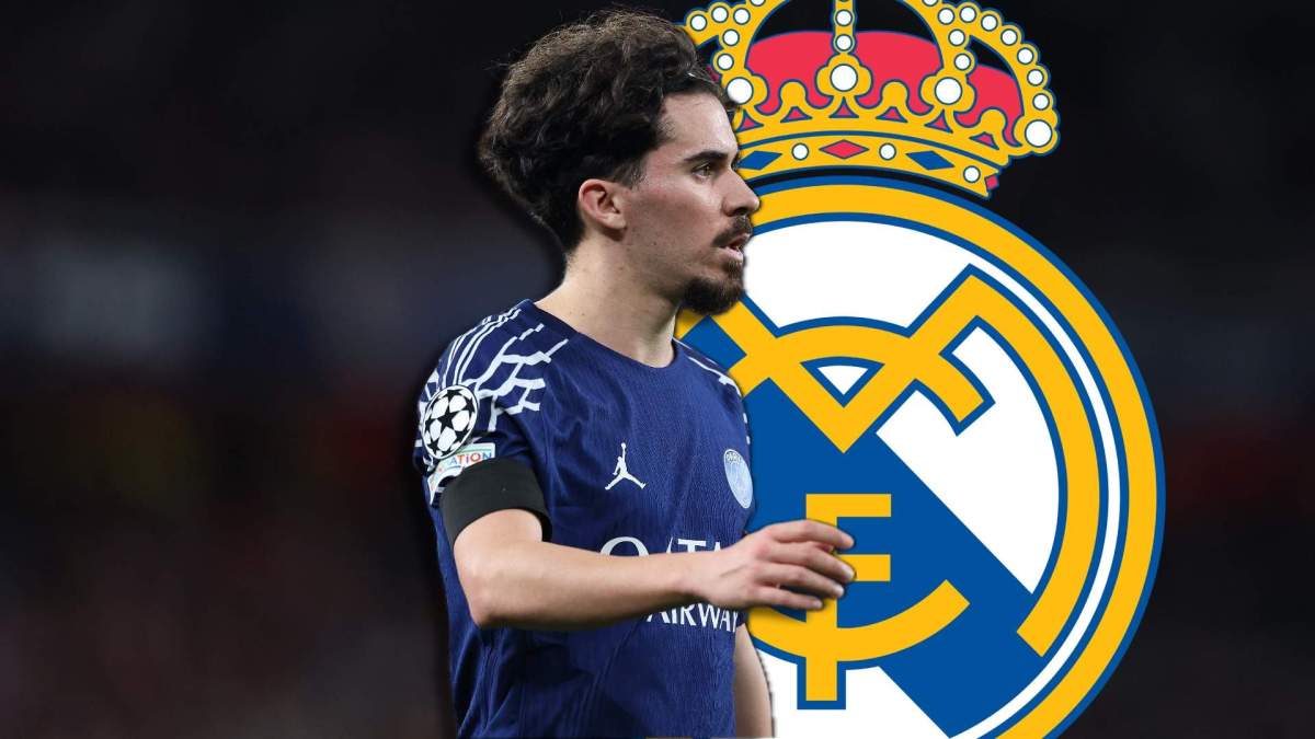 Vitinha jugando un partido con el PSG y el escudo del Real Madrid.