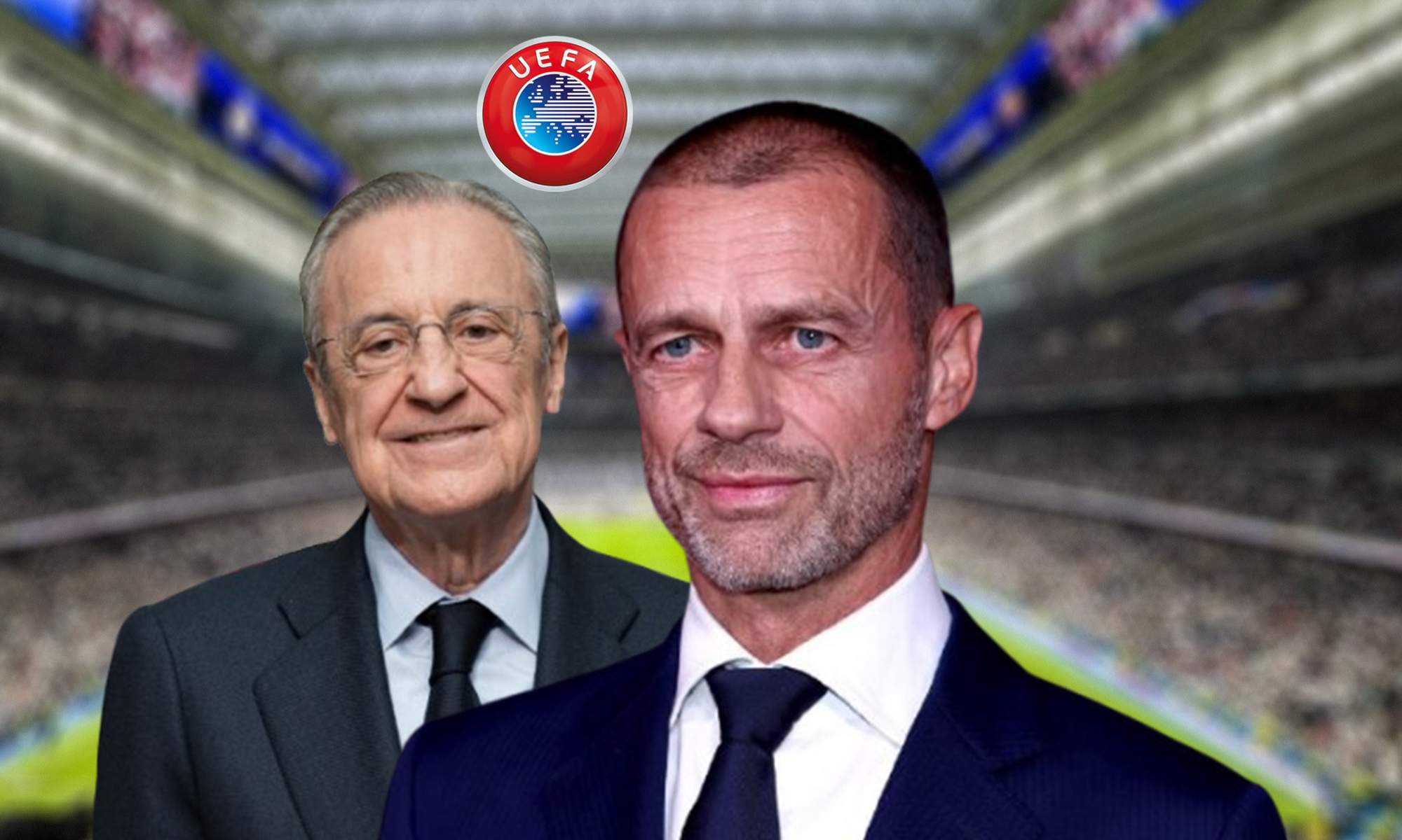 Ceferin, el logo de la UEFA, Florentino Pérez y el Santiago Bernabéu.