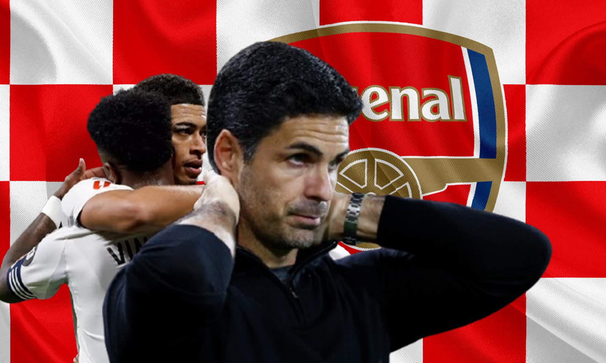 Arteta, jugadores del Real Madrid y el escudo del Arsenal.