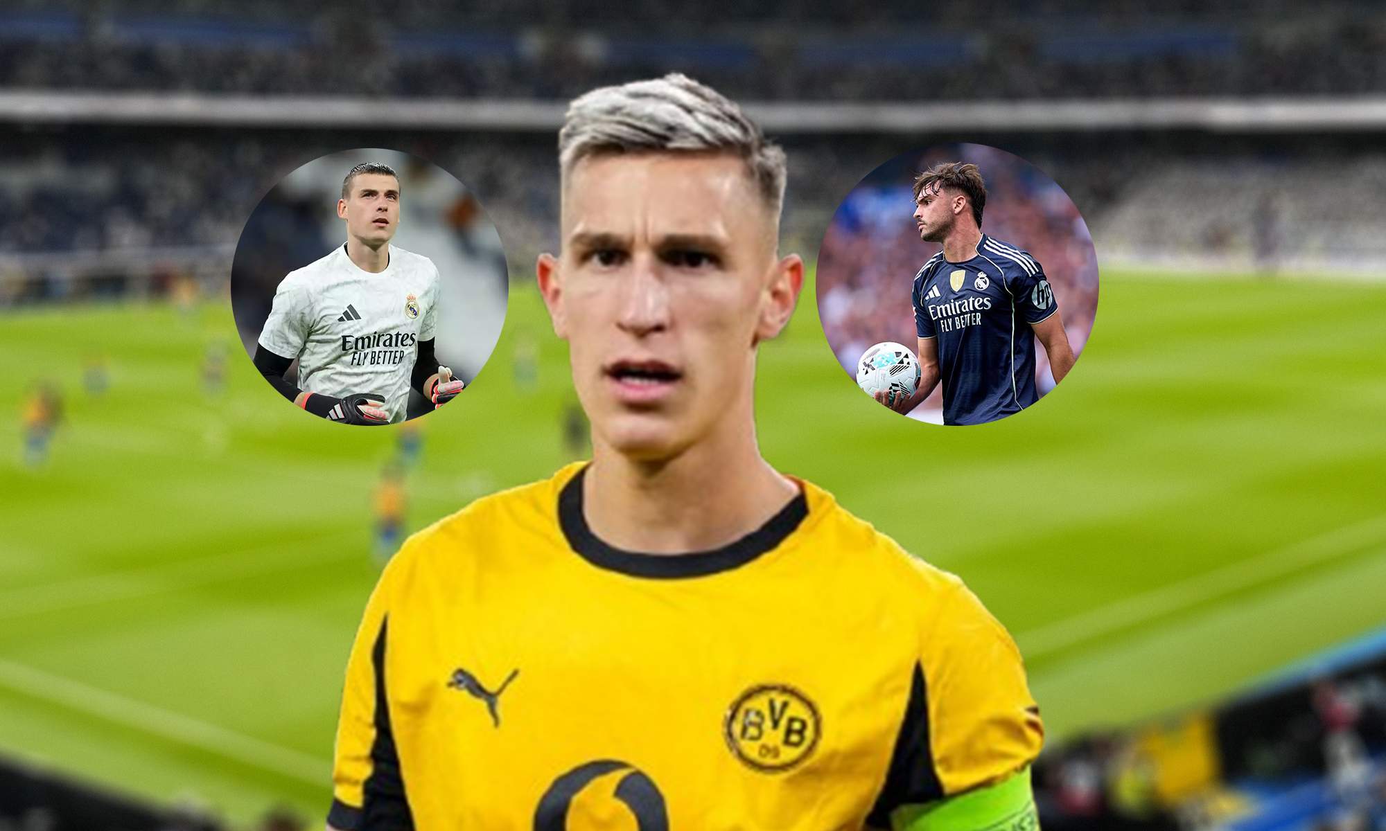 Schlotterbeck jugando un partido con el Borussia Dortmund, Andriy Lunin, Raúl Asencio y el Santiago Bernabéu.