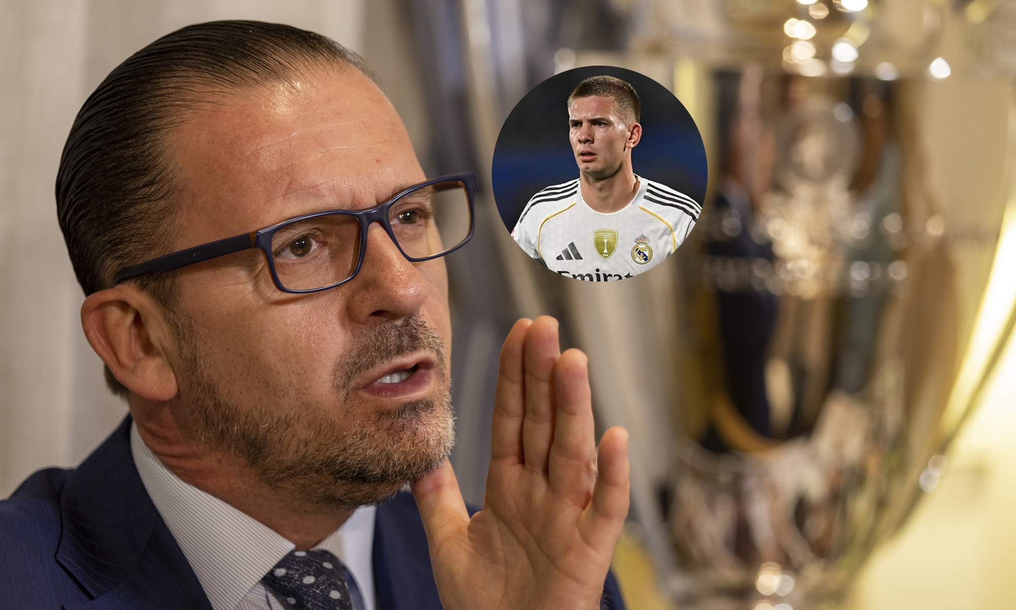 Mijatovic en una entrevista y una foto de Franco Mastantuono.